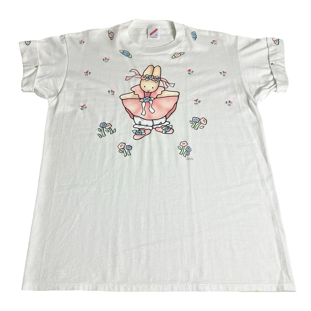 Vintage 90s Jerzees Bunny Ballerina T Shirt Womens L Puffy Paint Floral Made USA